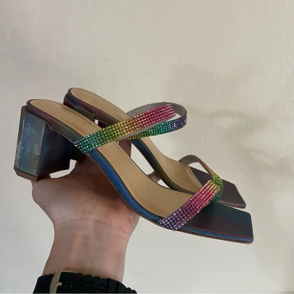 By Far Tanya multicolor rainbow iridescent crystal heeled mule sandal 37/7